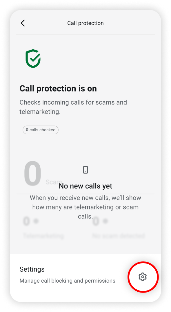 Settings icon highlighted in the call protection dashboard.