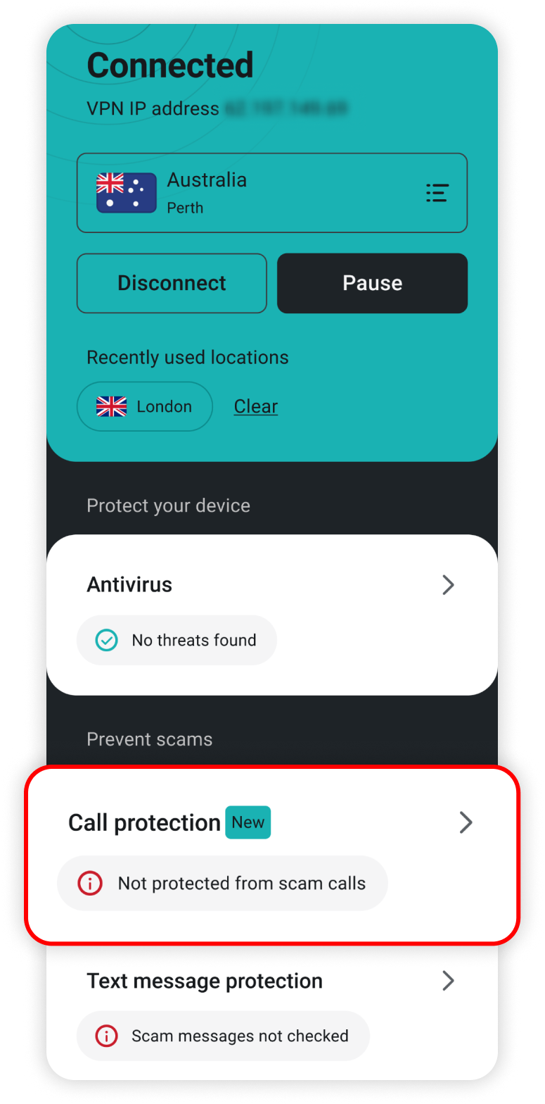 Surfshark app home page with the call protection solution highlighted.