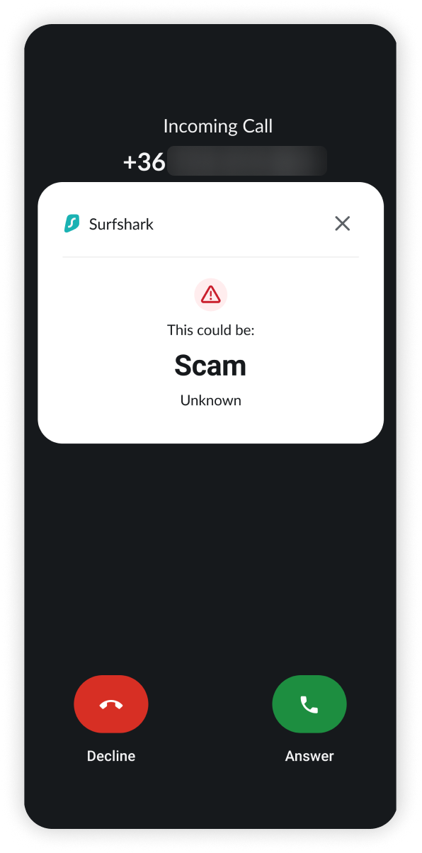 Incoming call marked as Scam prompt.