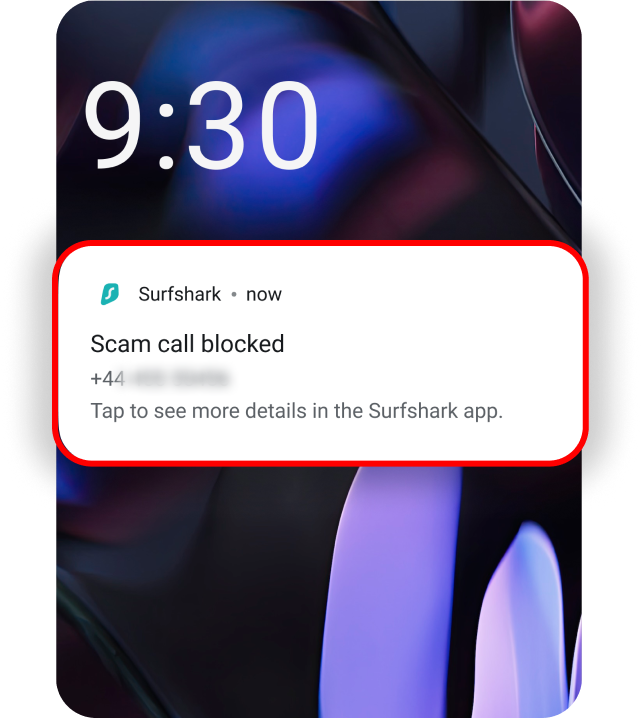 Surfshark push notification highlighted indicating that a scam call was blocked. 
