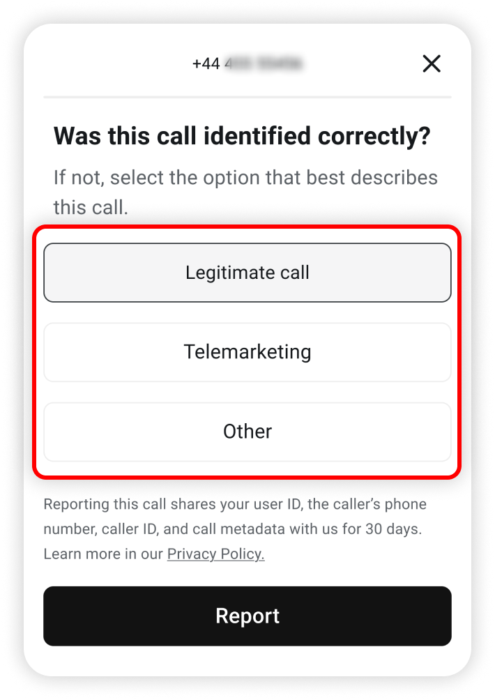 Report a call option opened with available categories highlighted.