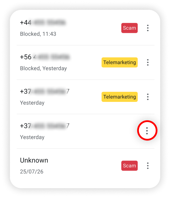 Three dots highlighted next to a specific call