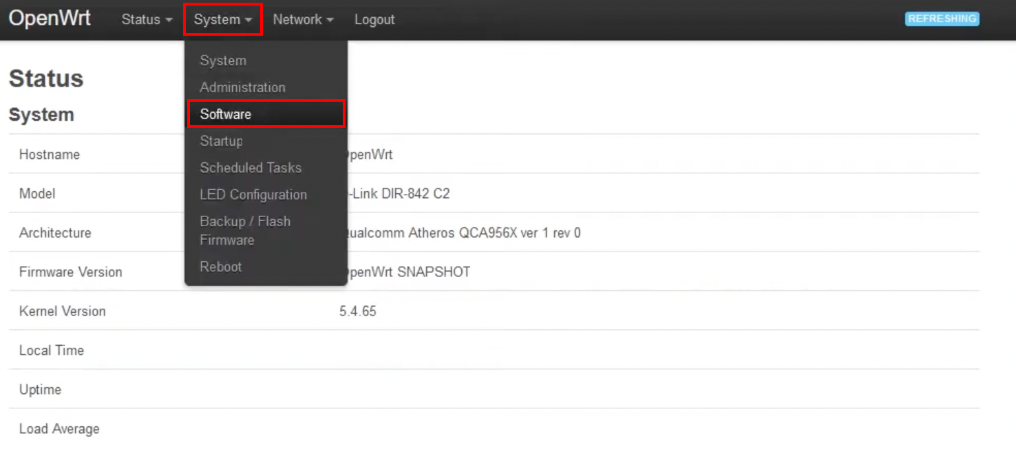 OpenWrt status page with the System menu expanded and the Software option highlighted.