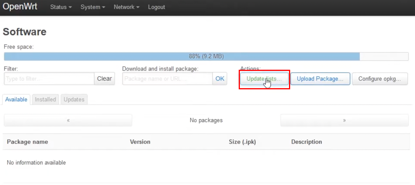 OpenWrt Software page showing a cursor clicking the 