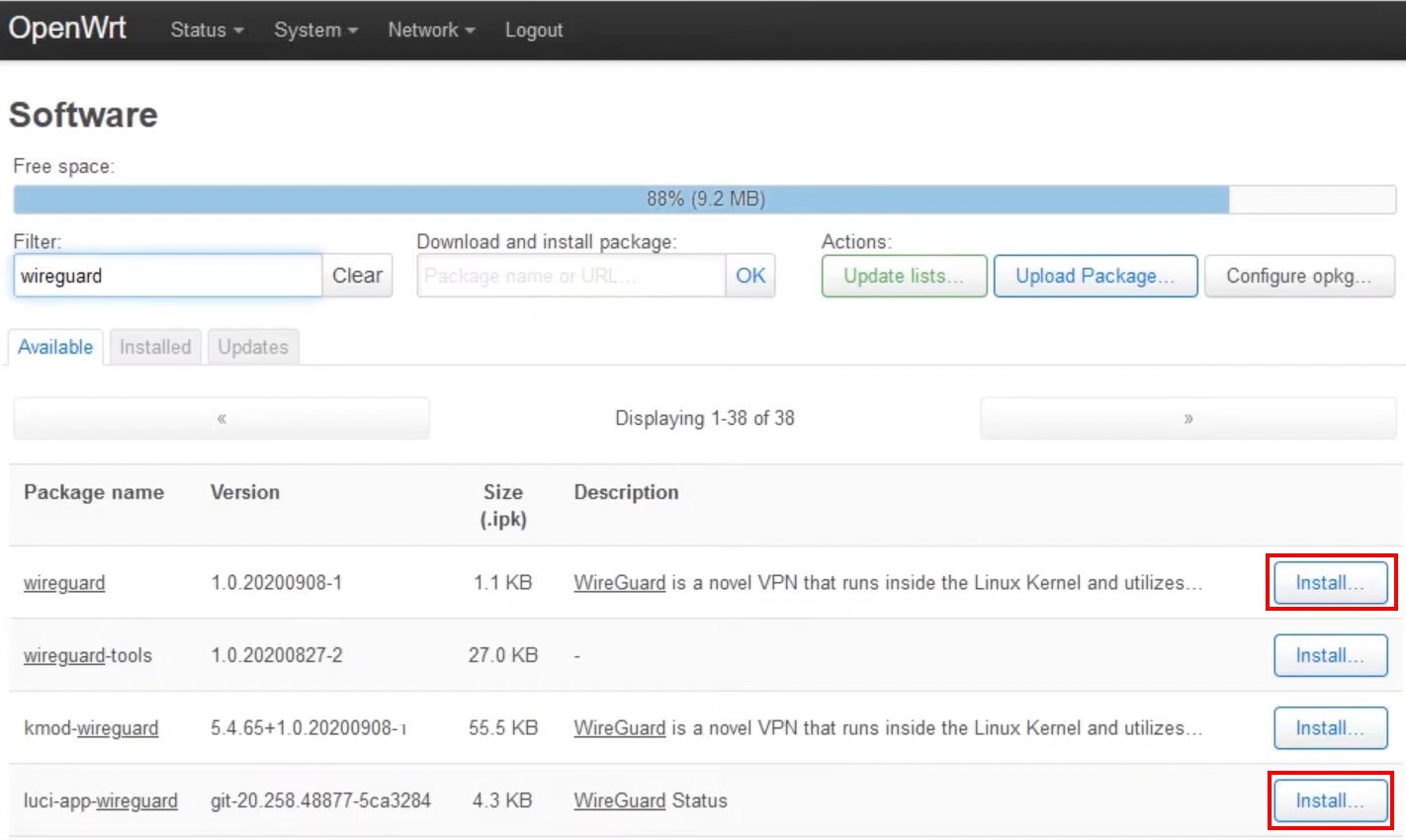 OpenWrt Software page with WireGuard-related packages listed after a search, and the Install buttons highlighted.